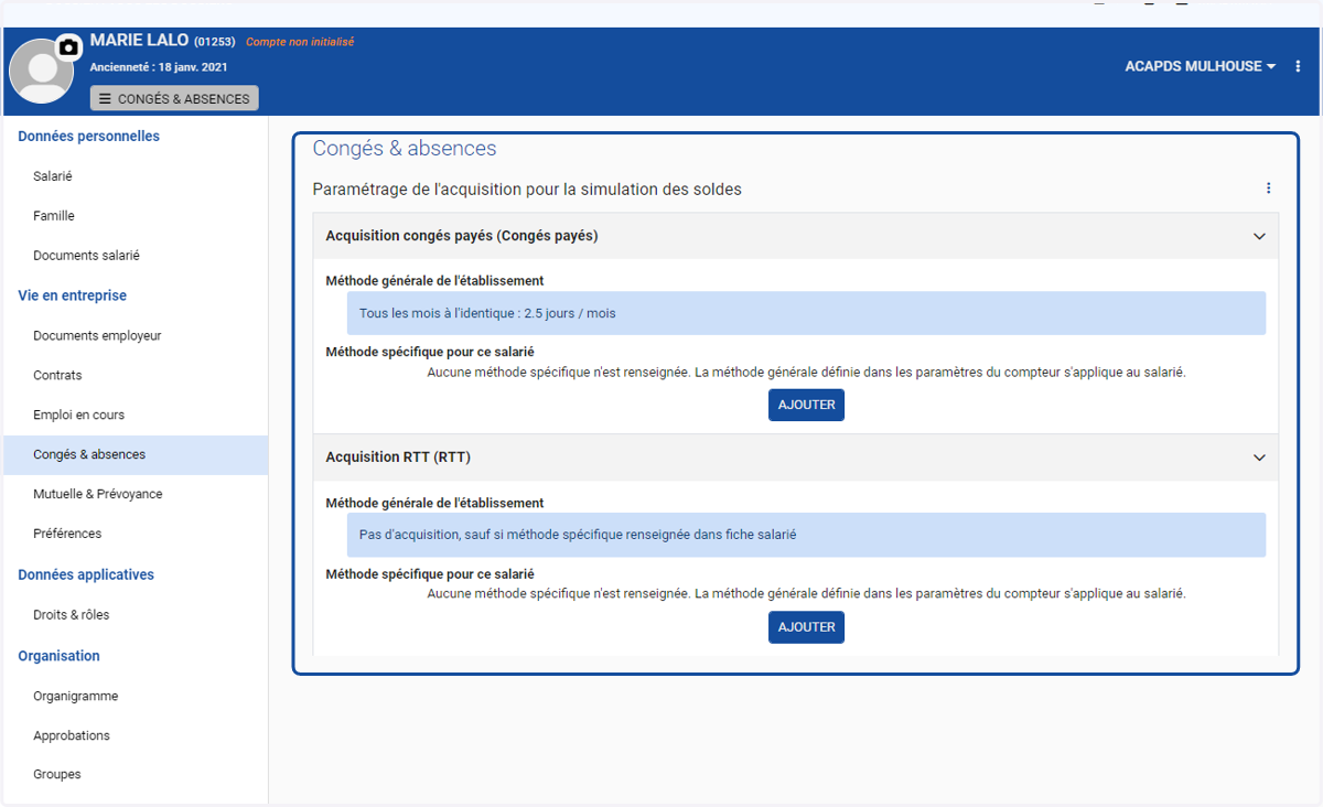 Deux sections (congés payés et RTT) sont apparentes dans toutes les fiches salariées