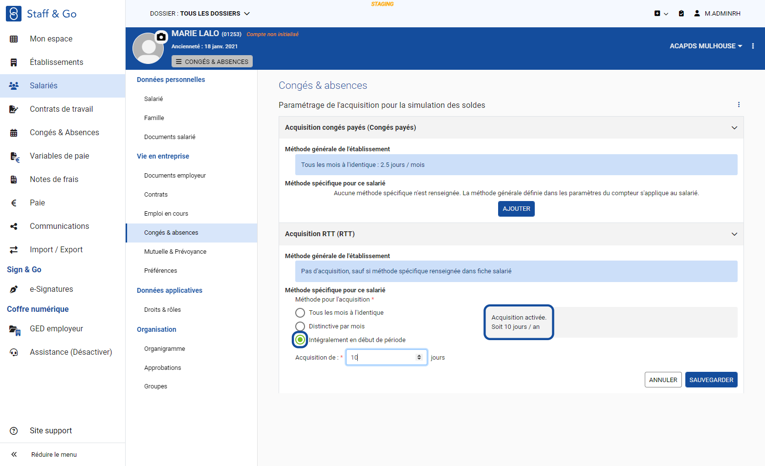 Sélectionner la méthode spécifique et renseigner l'acquisition