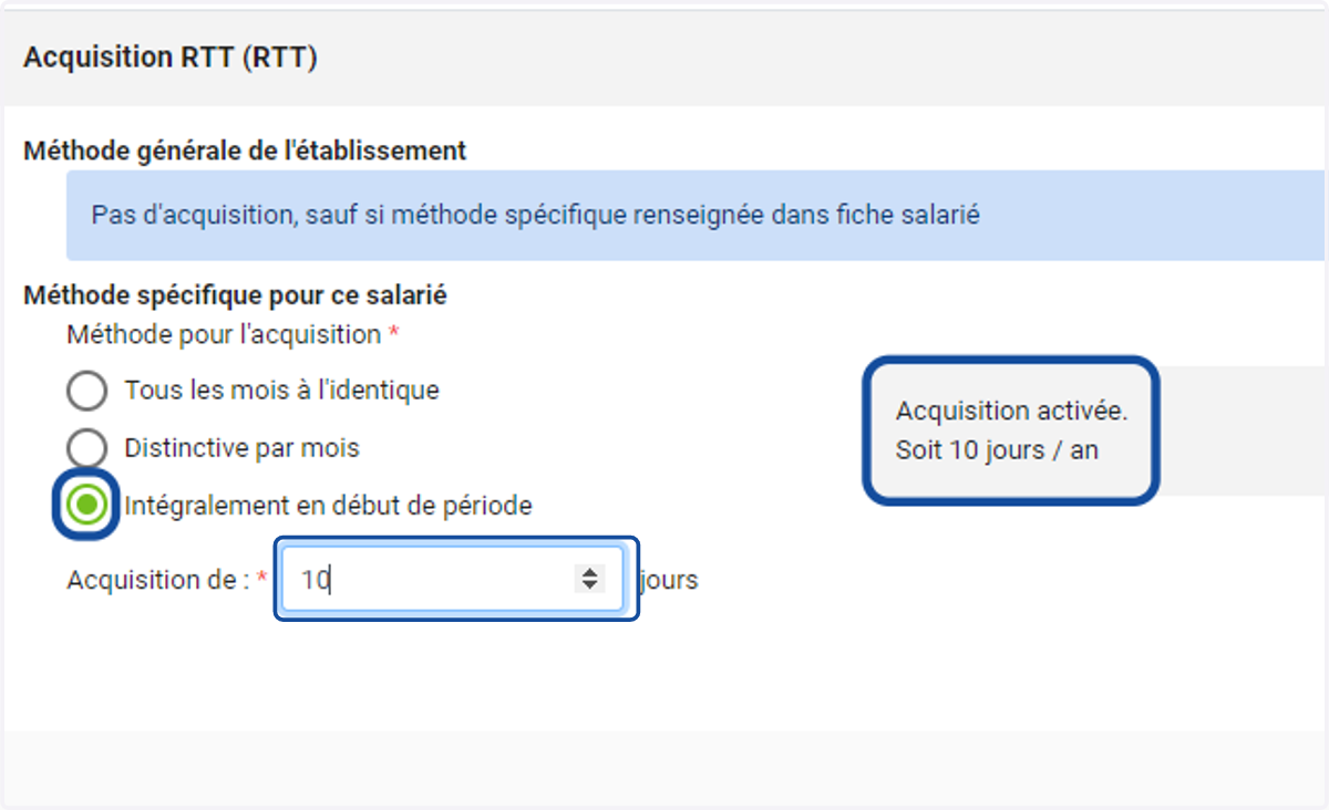 Sélectionner la méthode spécifique et renseigner l'acquisition