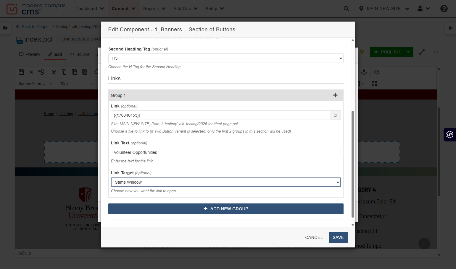 Link Target dropdown highlighted showing options such as Same Window and New Window.