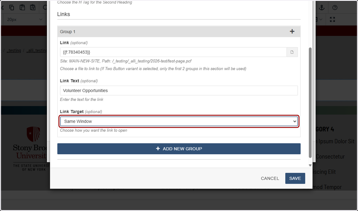 Link Target dropdown highlighted showing options such as Same Window and New Window.