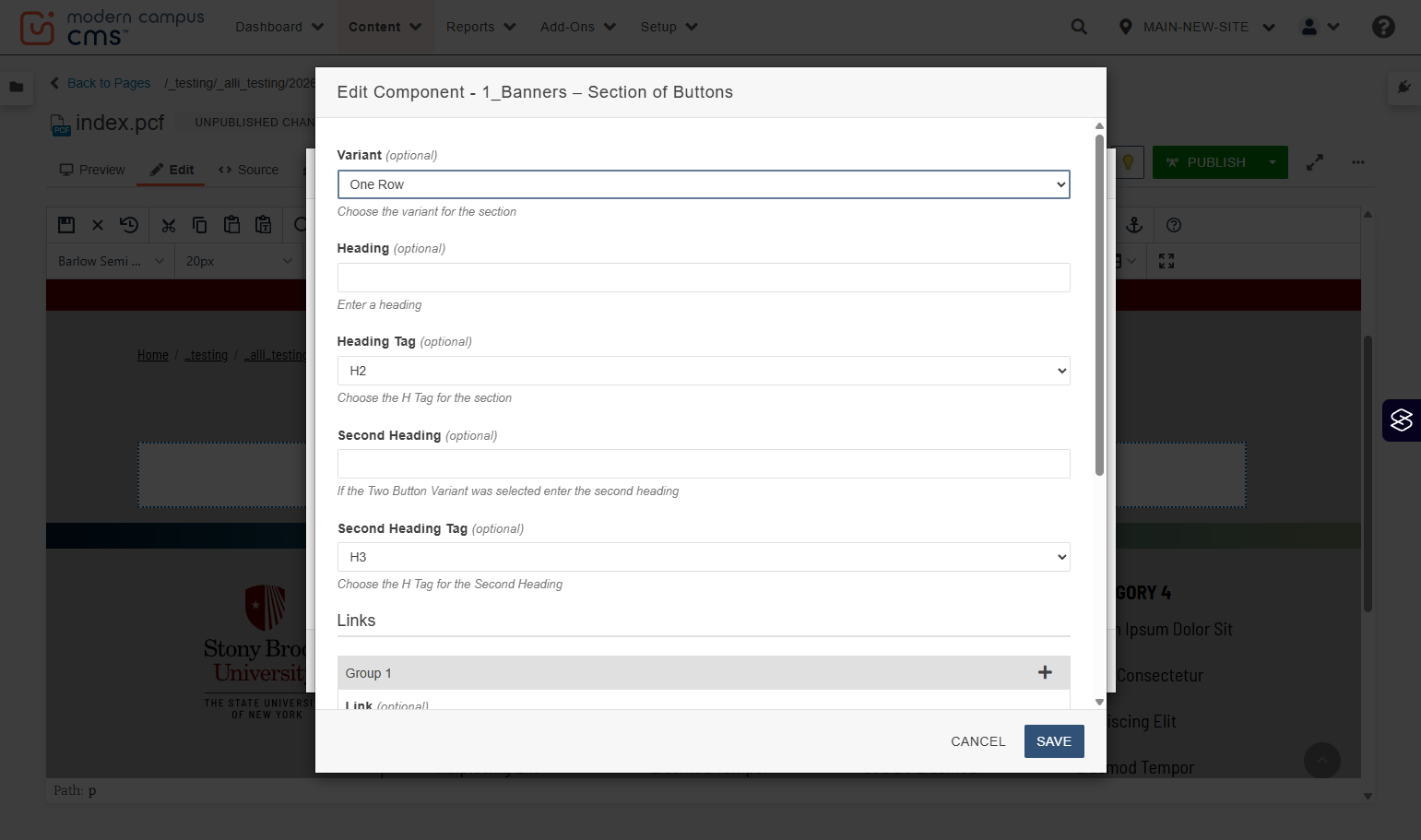 Component configuration showing the Variant dropdown with options like One Row and Two Button.