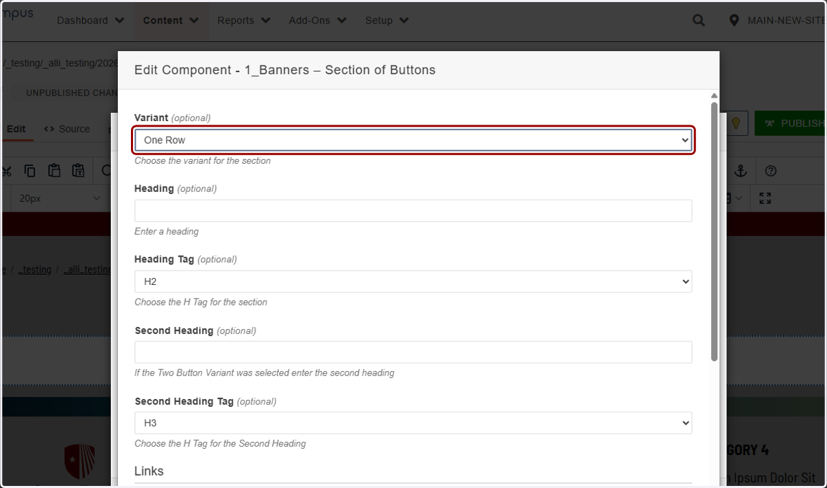 Component configuration showing the Variant dropdown with options like One Row and Two Button.