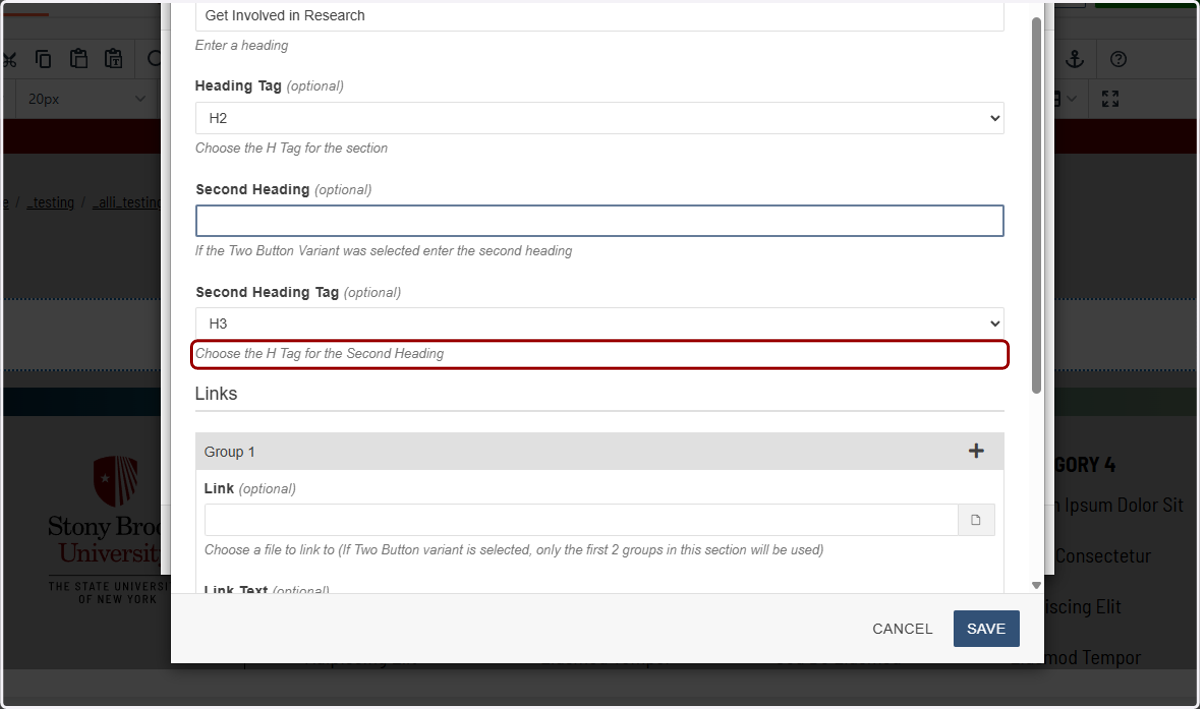 Second Heading tag selector shown, not used for the One Row variant.