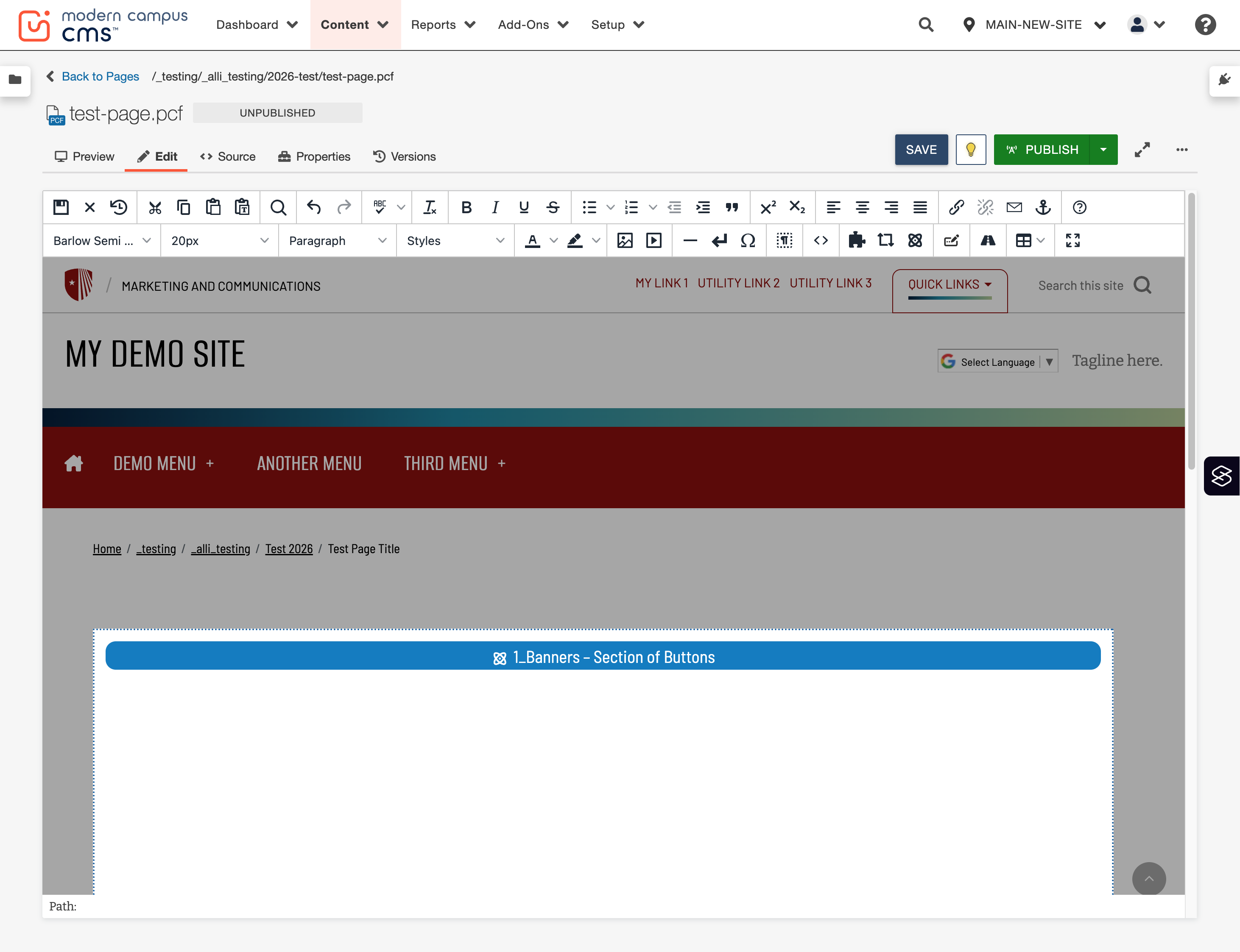 Editor header area with the main Save button highlighted for saving the page.