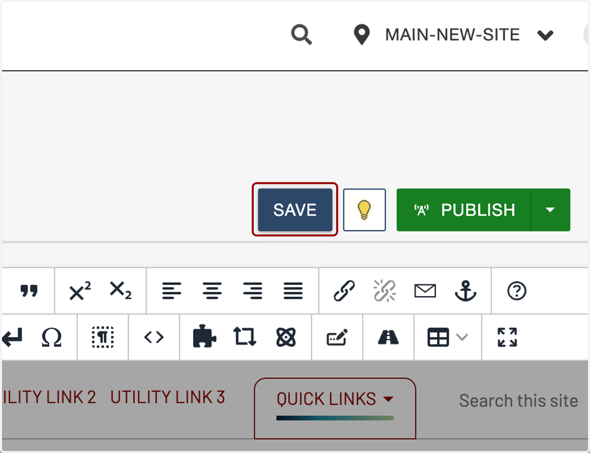Editor header area with the main Save button highlighted for saving the page.