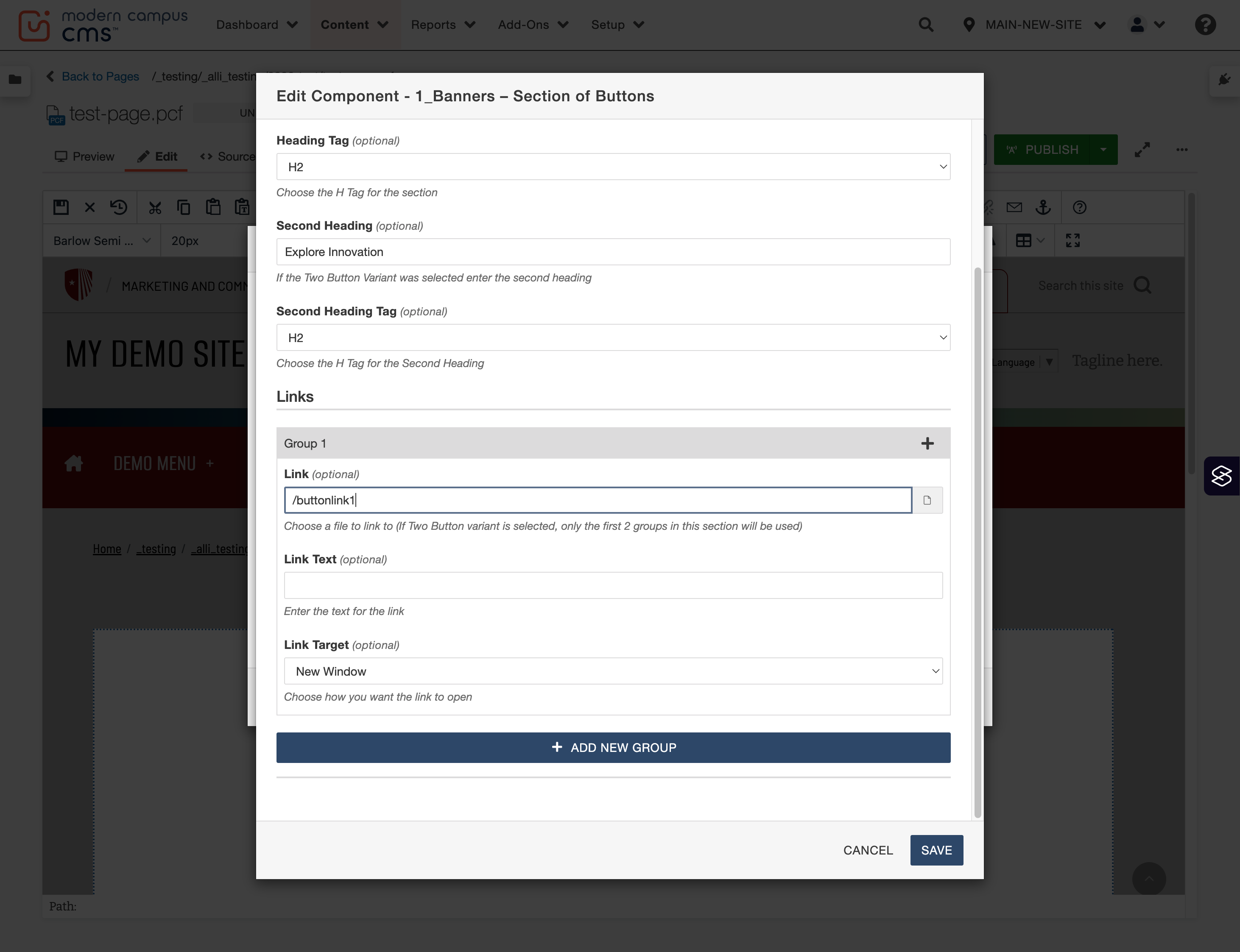 Group 1 configuration shown for the left-side button link under the first heading.