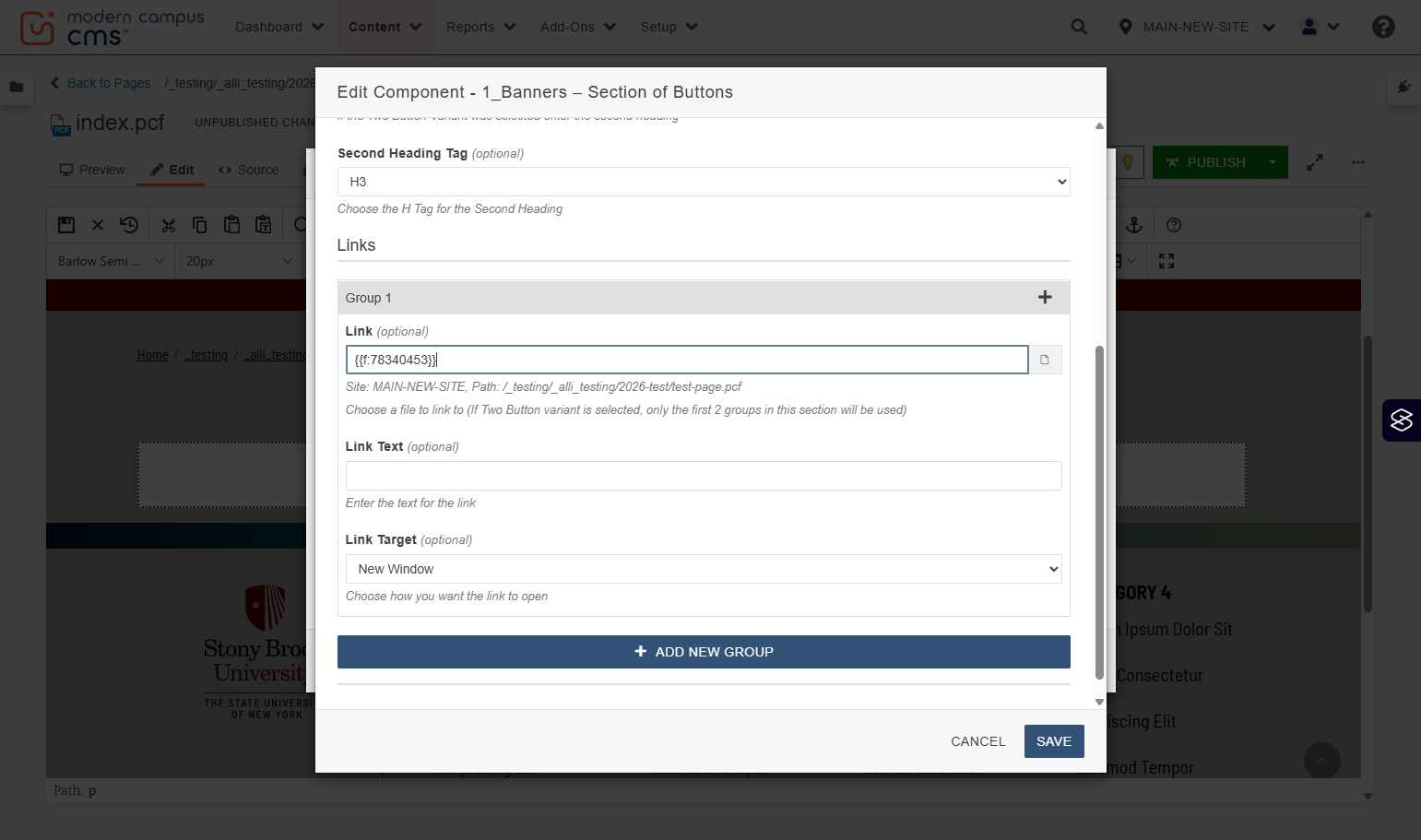 Group 1 configuration shown with the Link field highlighted for the first button destination.