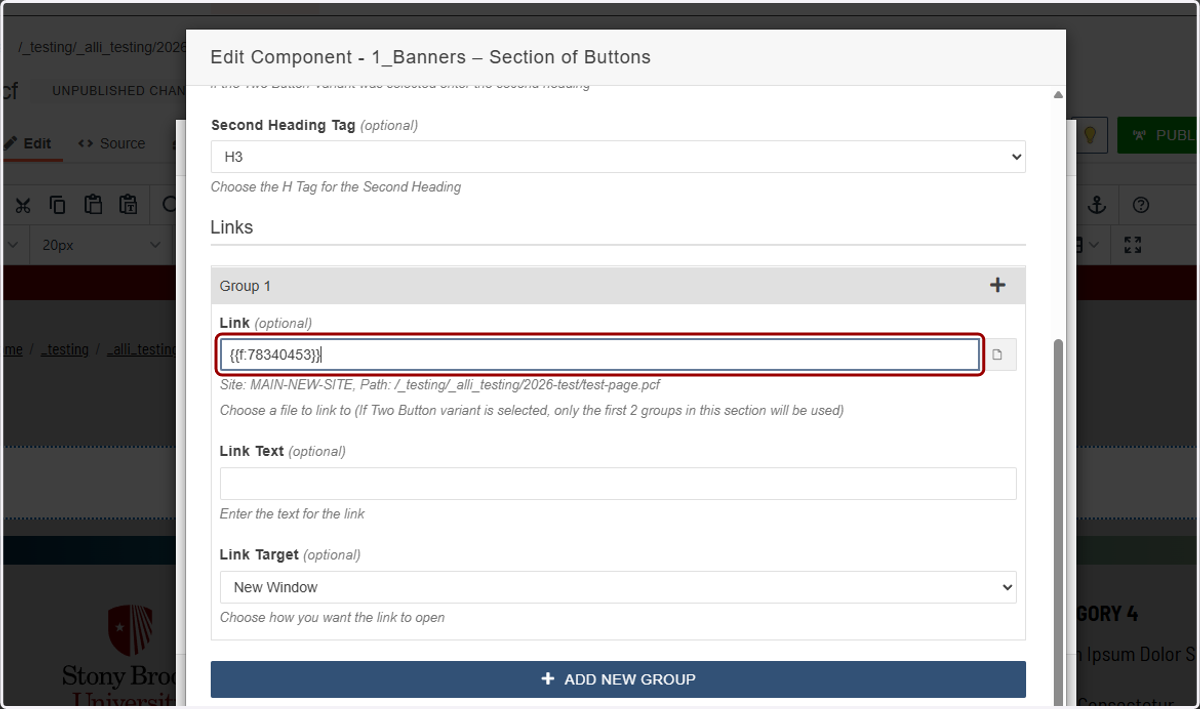 Group 1 configuration shown with the Link field highlighted for the first button destination.
