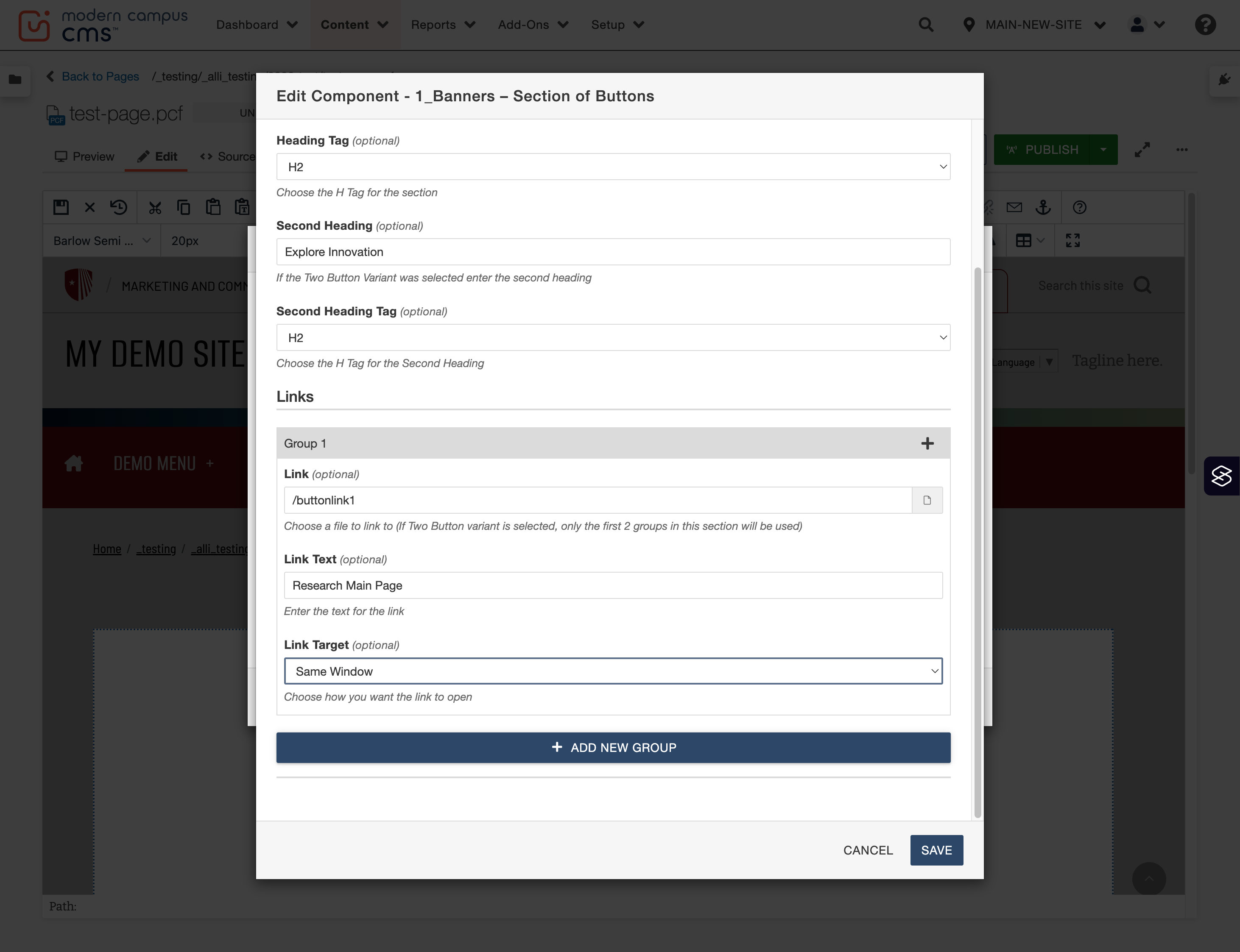 Add New Group button shown for creating the second (right-side) button.
