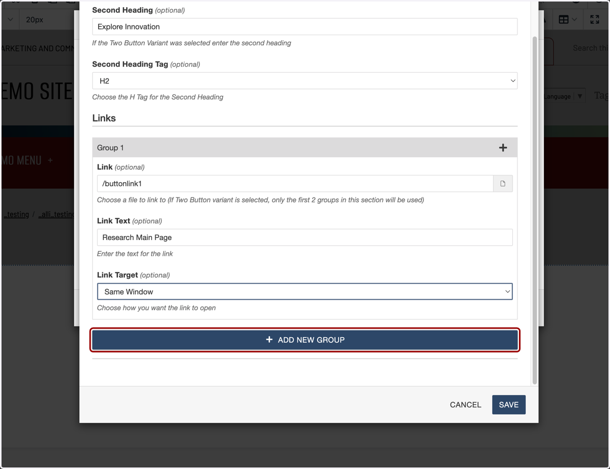 Add New Group button shown for creating the second (right-side) button.