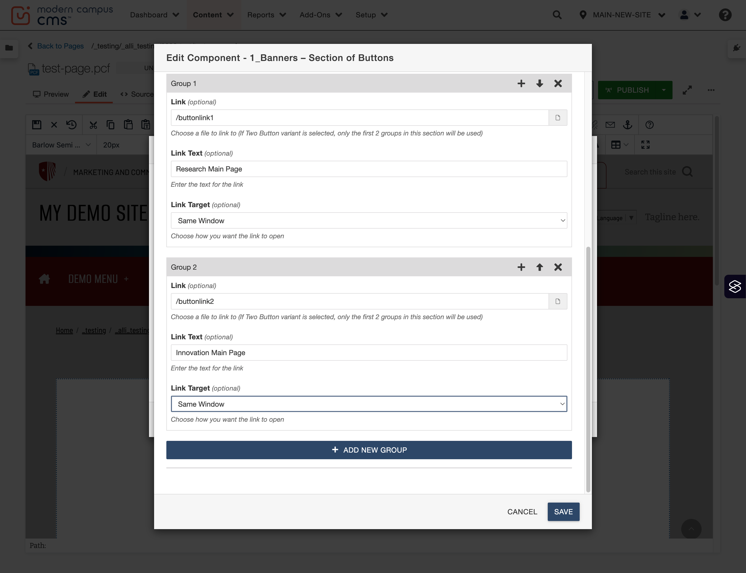 Component configuration Save button highlighted to save the Two Button variant.