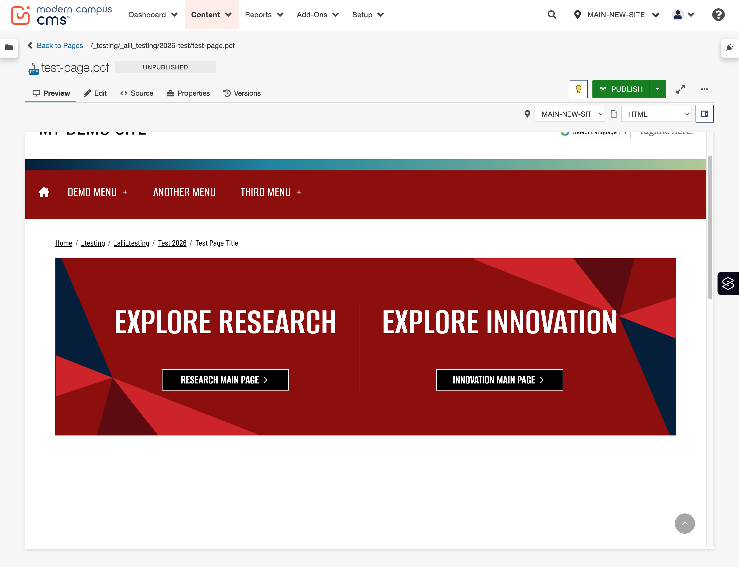 Preview page showing the completed Two Button layout rendered on the page.