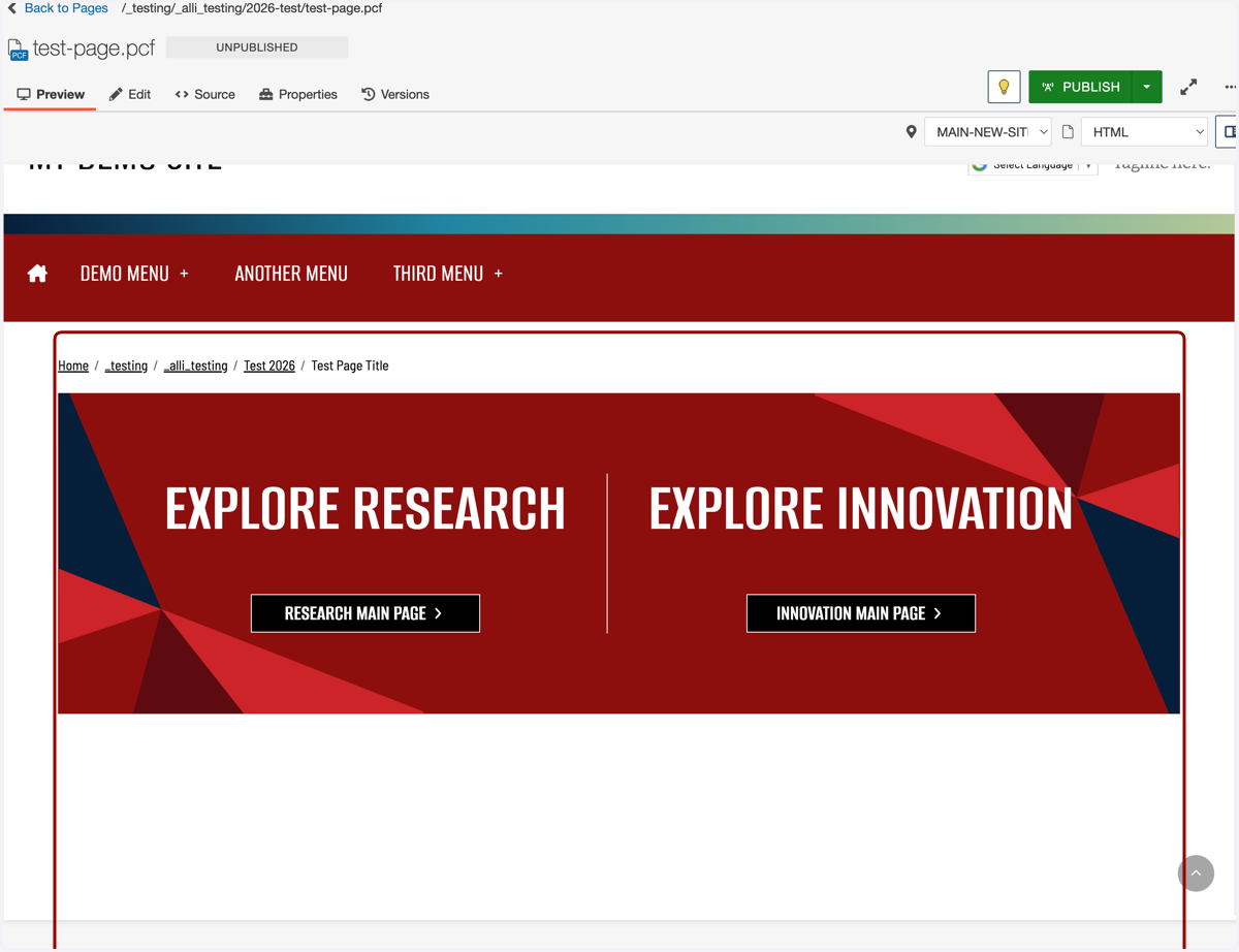Preview page showing the completed Two Button layout rendered on the page.
