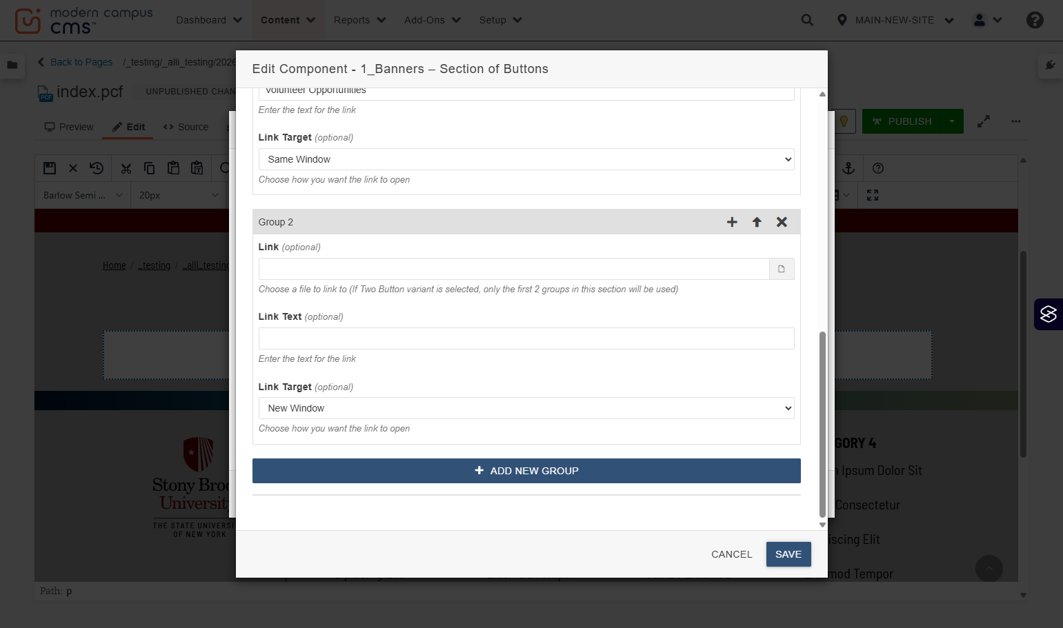 Component configuration Save button highlighted to save the button section settings.