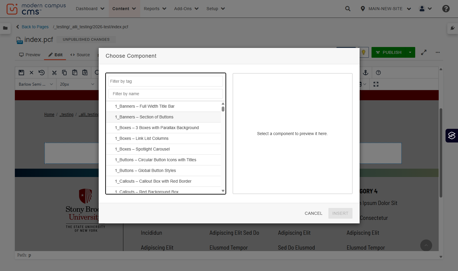 Insert Component panel showing “1_Banners – Section of Buttons” selected in the component list.