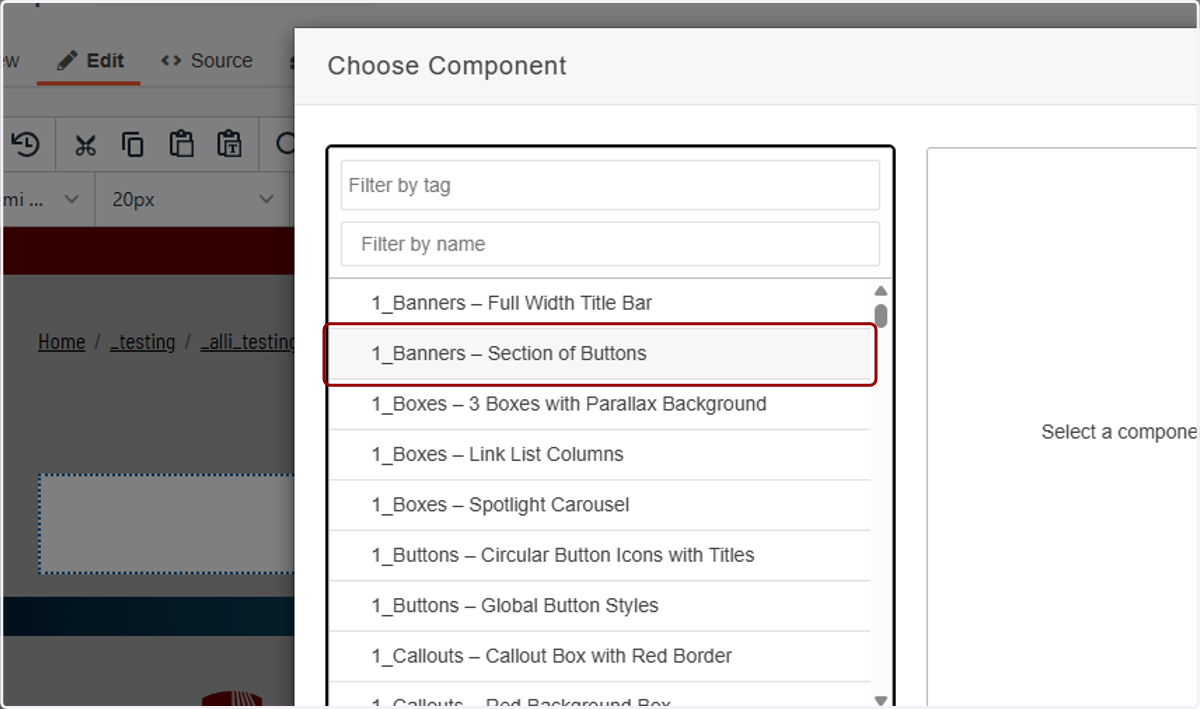 Insert Component panel showing “1_Banners – Section of Buttons” selected in the component list.