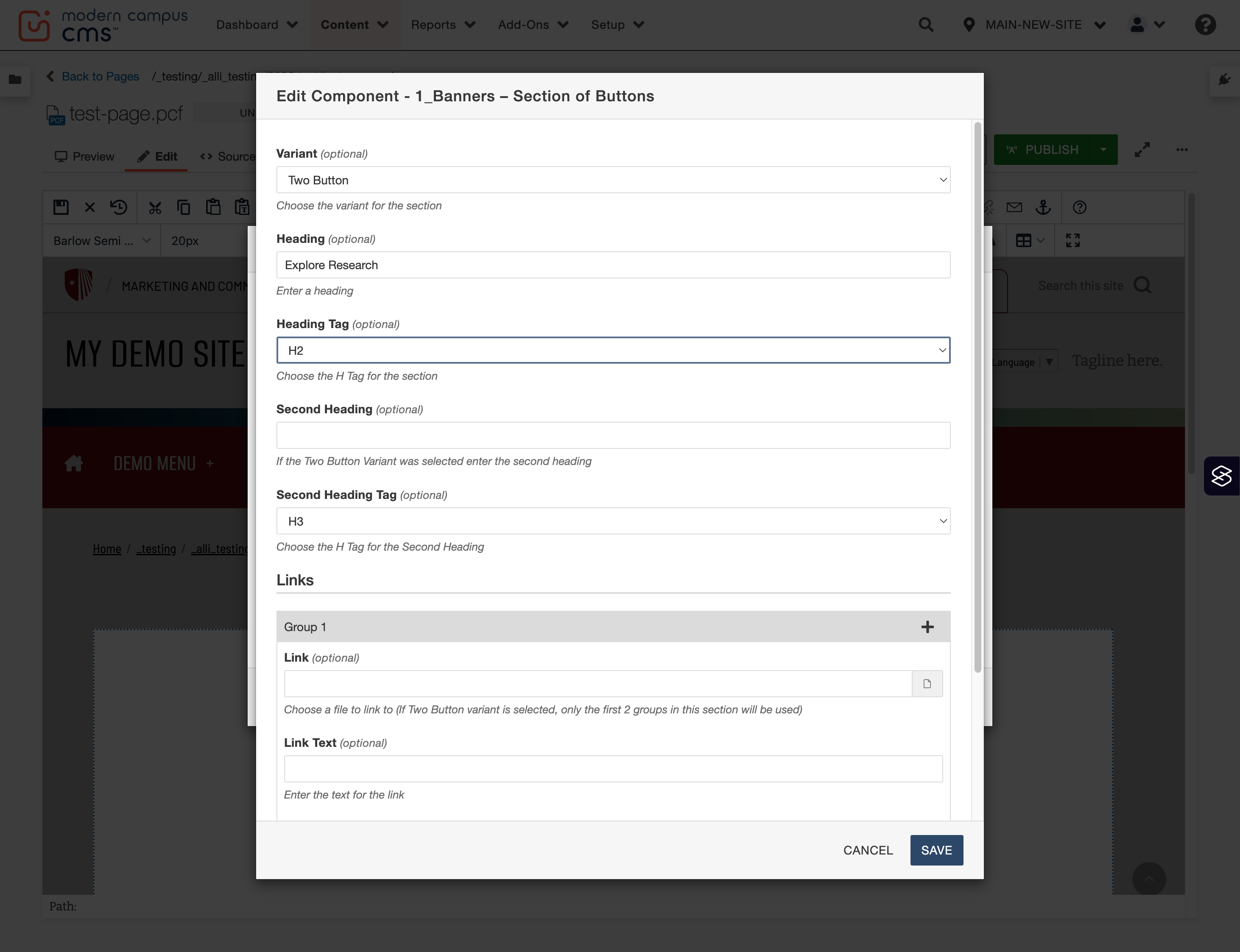 Heading tag selector shown set to H2 for the left column headline.