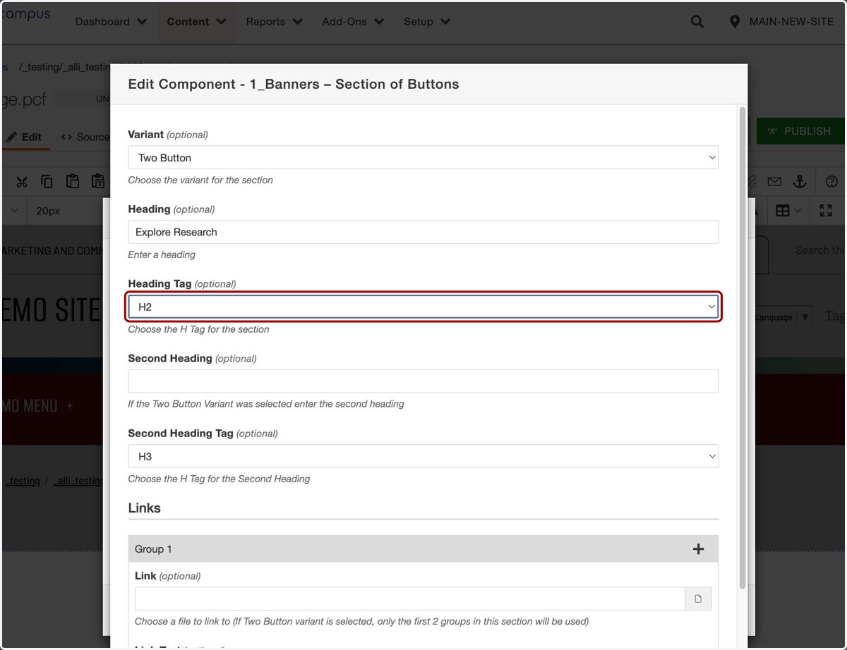 Heading tag selector shown set to H2 for the left column headline.