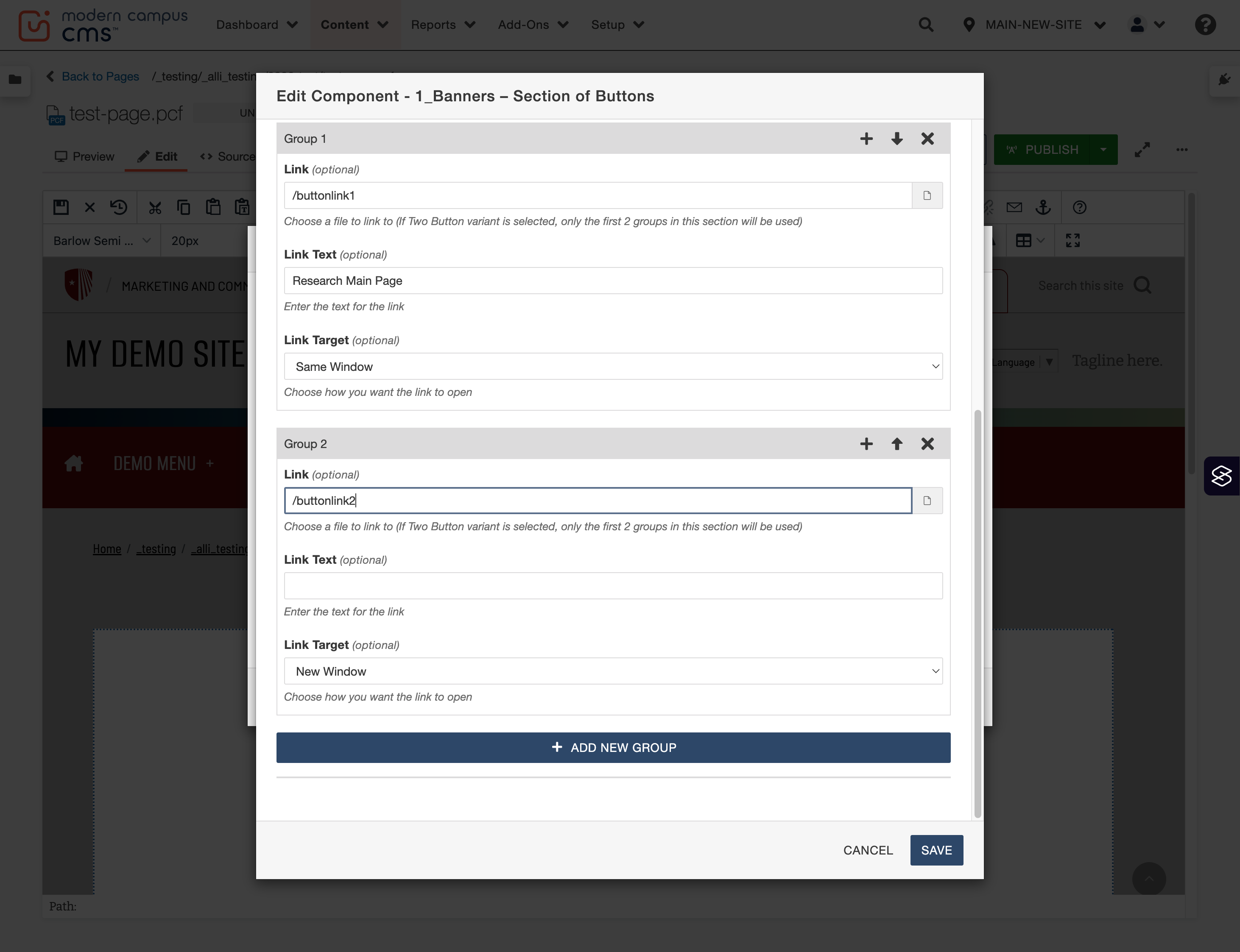 Group 2 configuration shown for the right-side button link under the second heading.