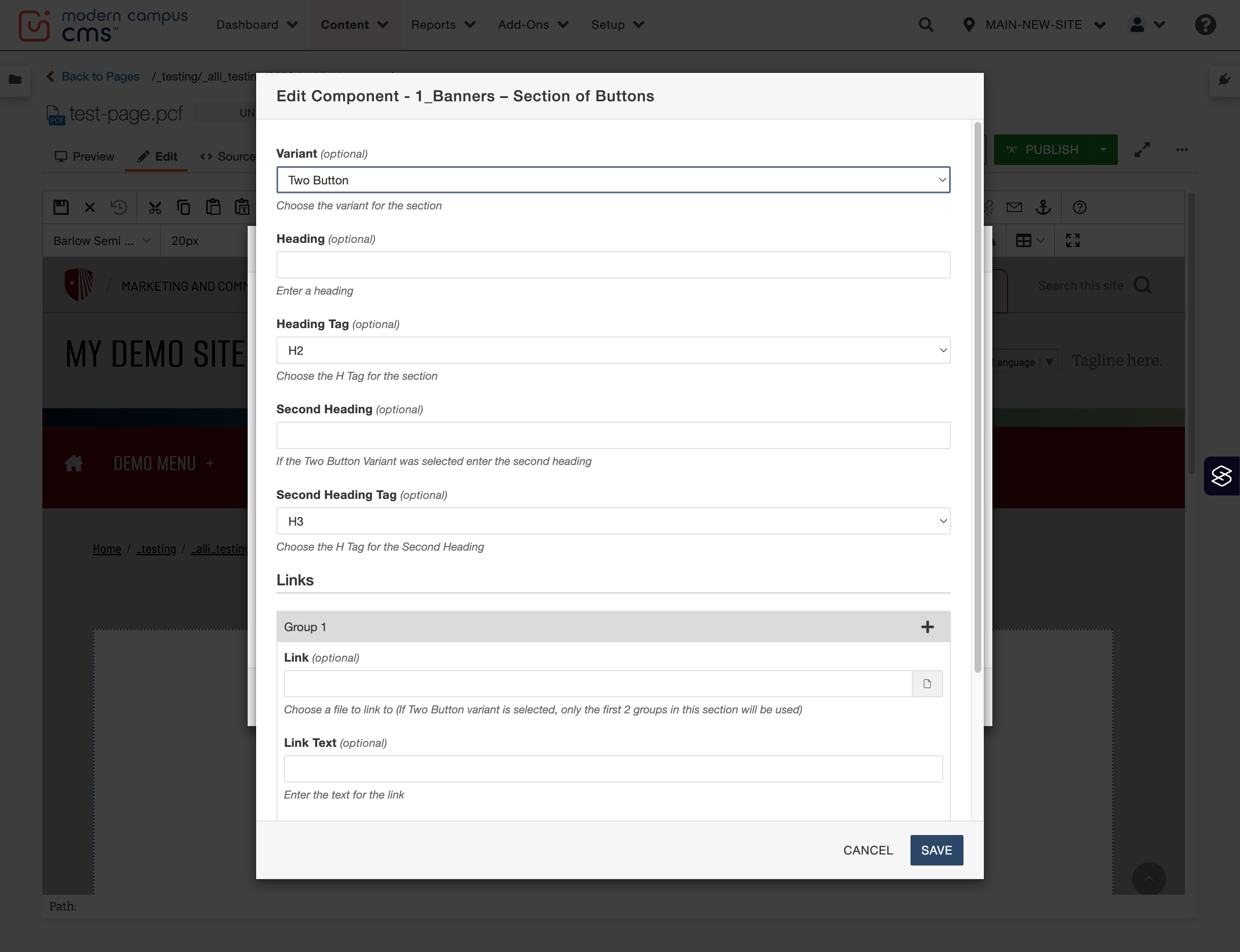 Variant dropdown shown with the Two Button option selected for the alternate layout.