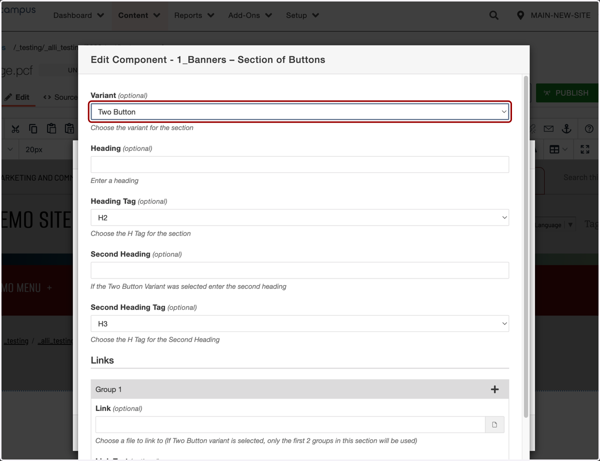 Variant dropdown shown with the Two Button option selected for the alternate layout.