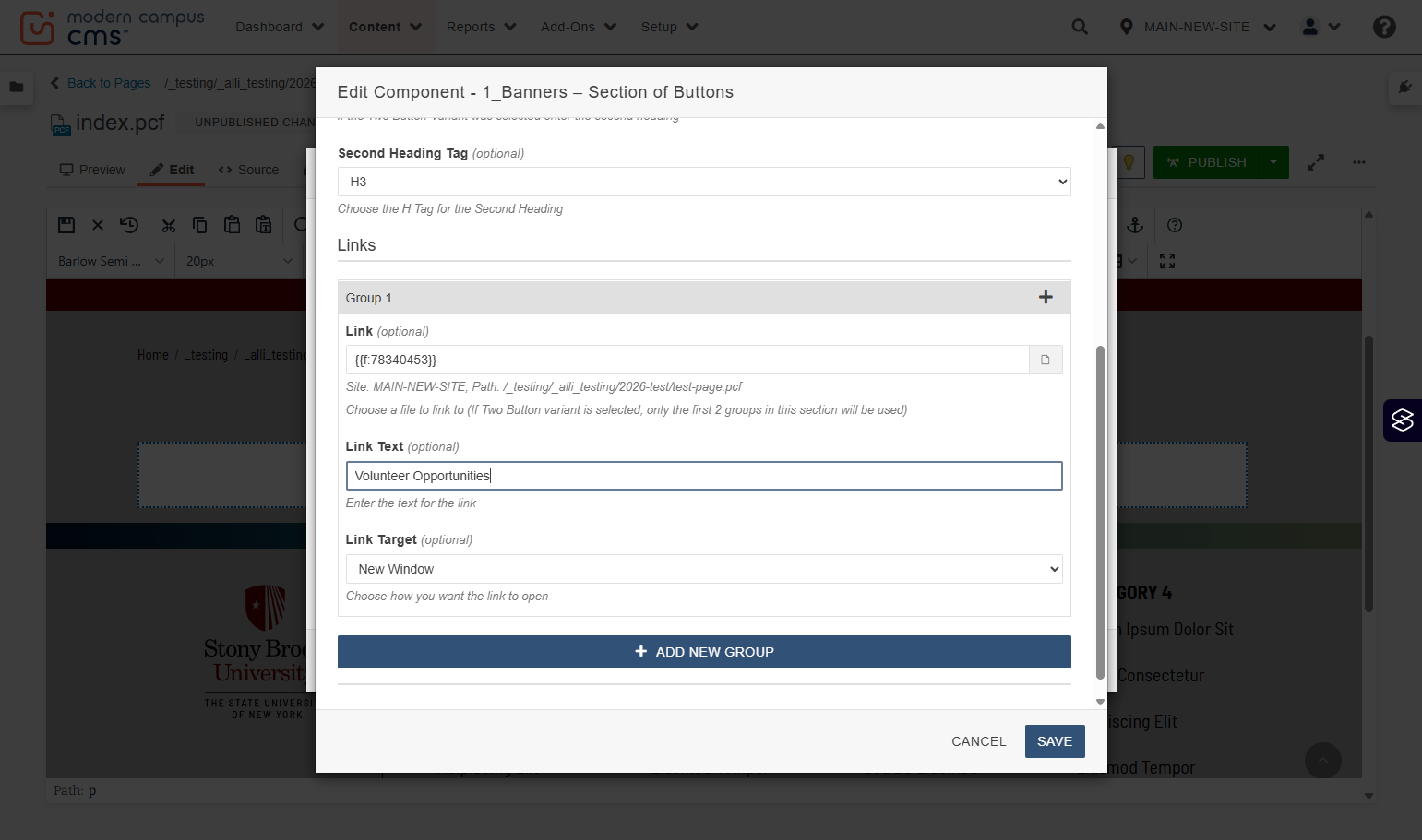Link Text field highlighted for entering a descriptive button label.