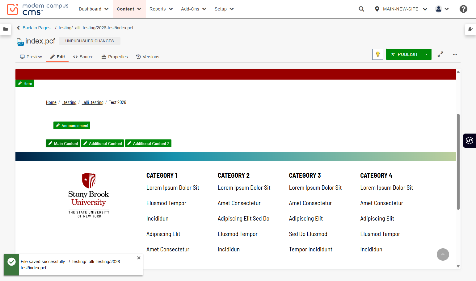 Modern Campus page editor with the Main Content region highlighted as the insertion point for a component.