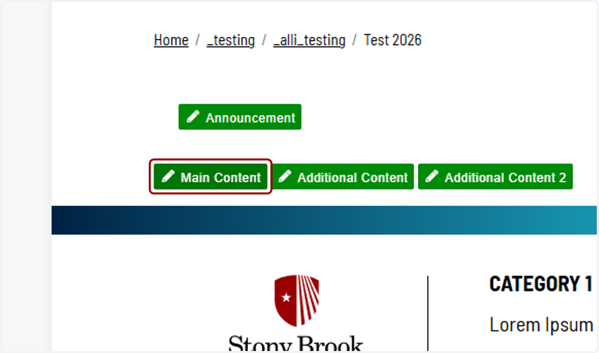 Modern Campus page editor with the Main Content region highlighted as the insertion point for a component.