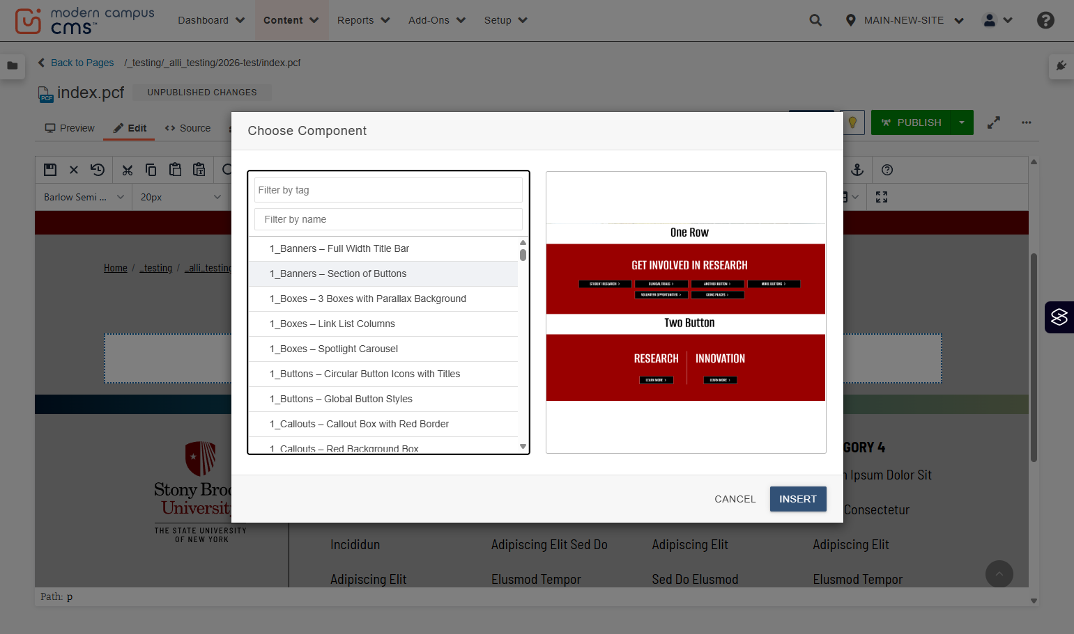 Insert confirmation view with the Insert button highlighted to add the selected component.