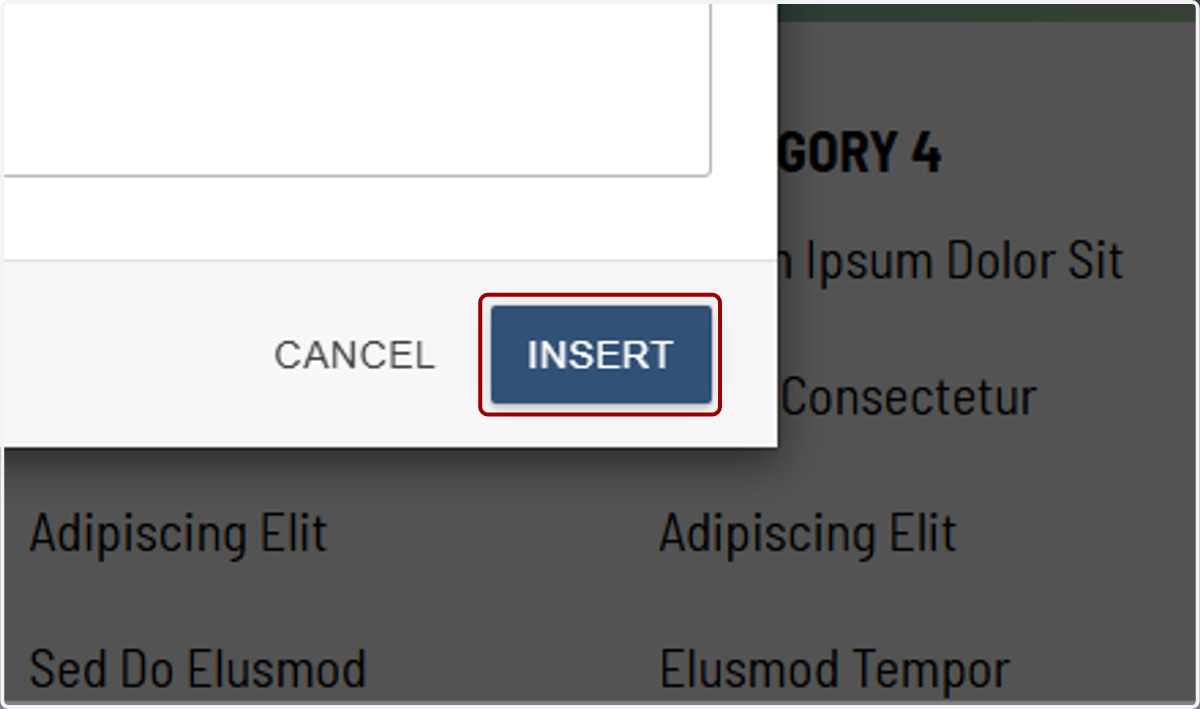 Insert confirmation view with the Insert button highlighted to add the selected component.