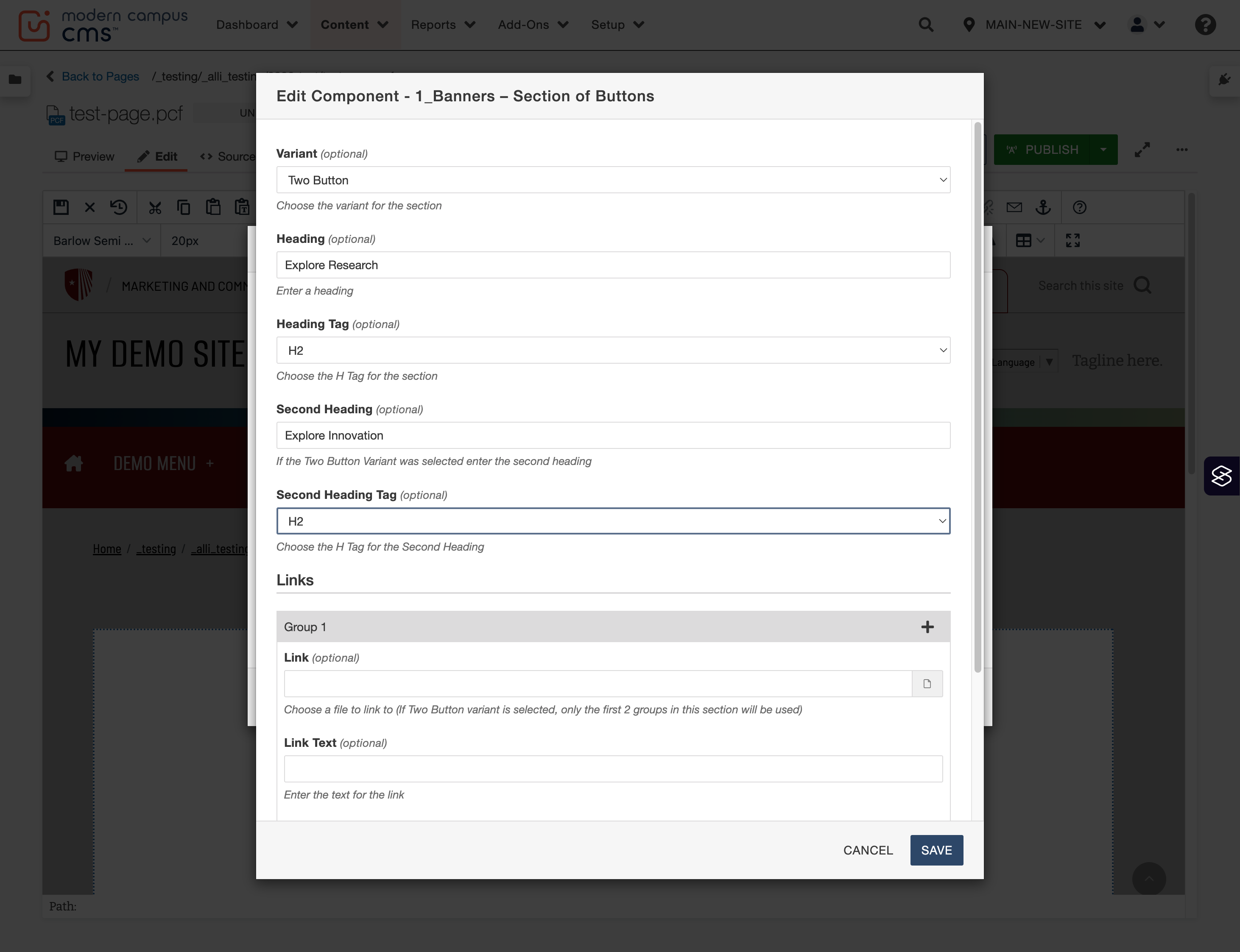 Second Heading tag selector shown set to H2 for the right column headline.