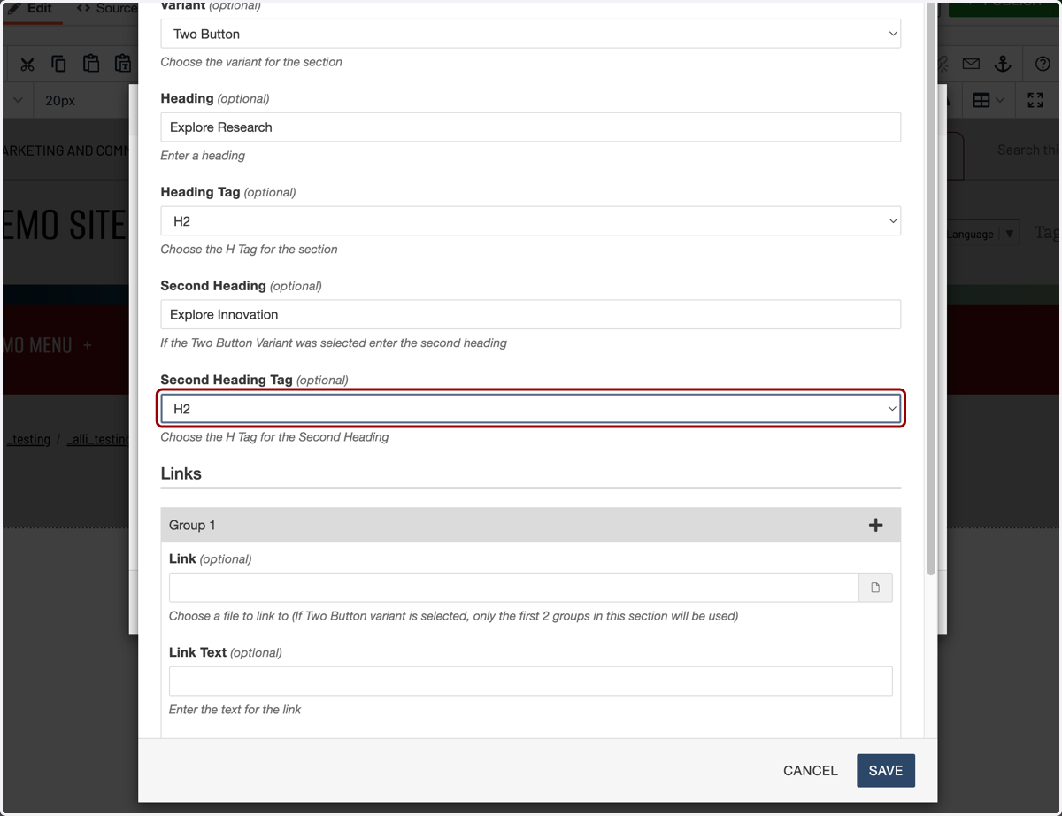 Second Heading tag selector shown set to H2 for the right column headline.
