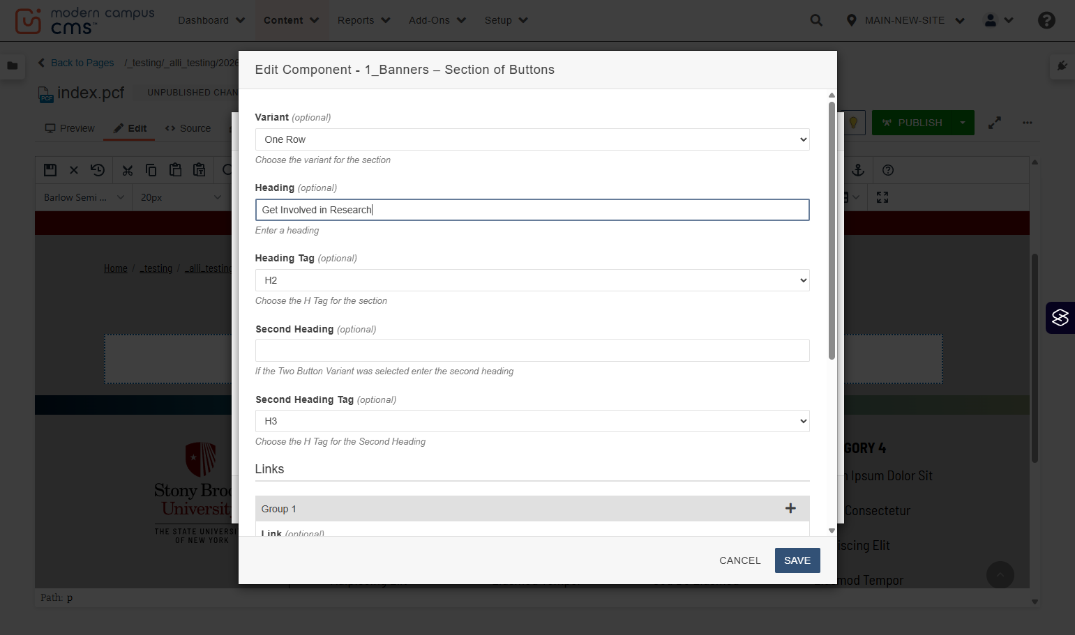 Heading field highlighted for adding an optional title above the button section.