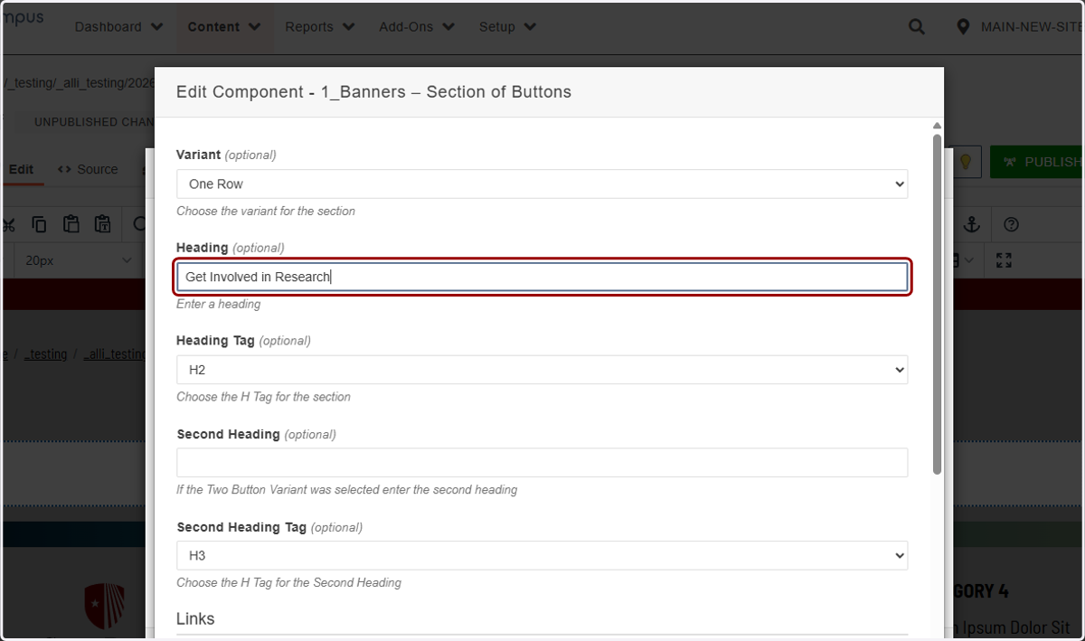 Heading field highlighted for adding an optional title above the button section.