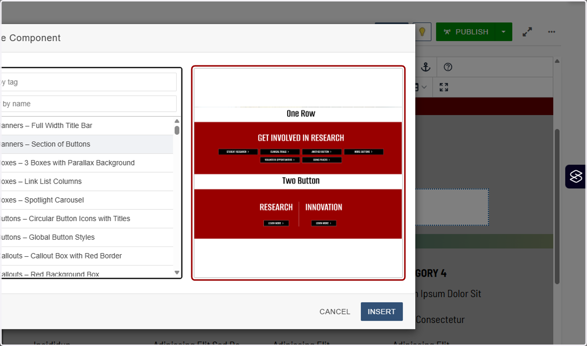 Component preview pane showing two layout variants for the Section of Buttons component.