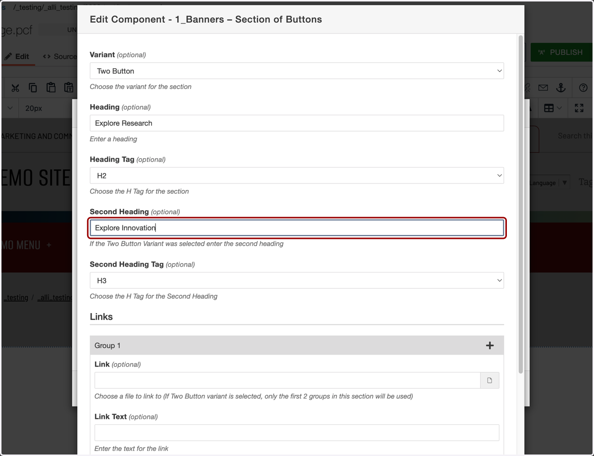 Second Heading field populated with example text for the right column headline (“Explore Innovation”).