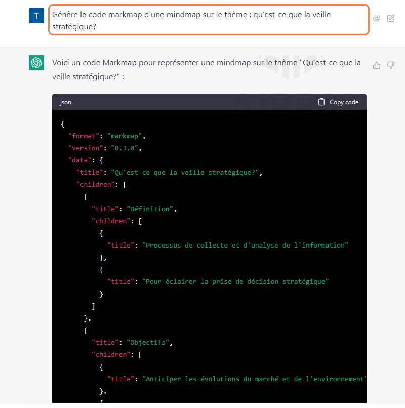 Je demande à ChatGPT : Génère le code Markmap d'une mindmap sur le thème : qu'est-ce que la veille stratégique?