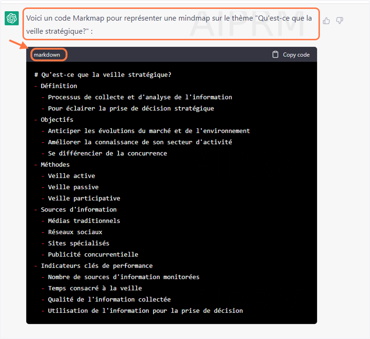 Cette fois il me propose bien le code d'une mindmap au format Markmap