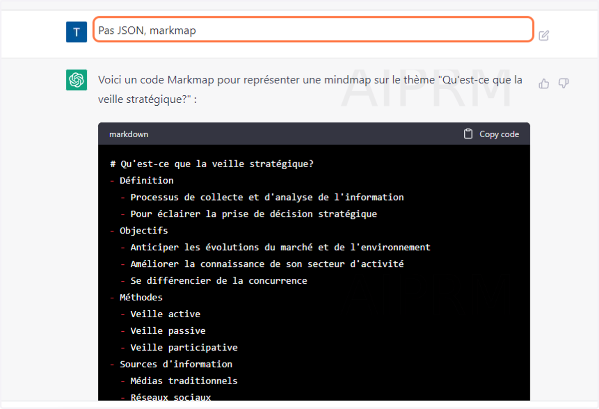 Je lui demande de rectifier : "Pas JSON, markmap"