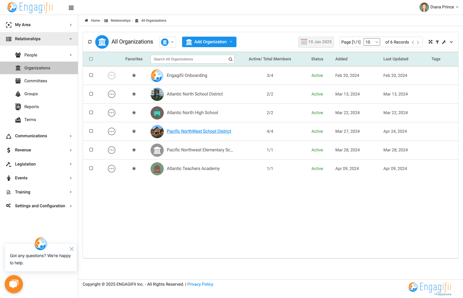 Click on the organization you wish to update