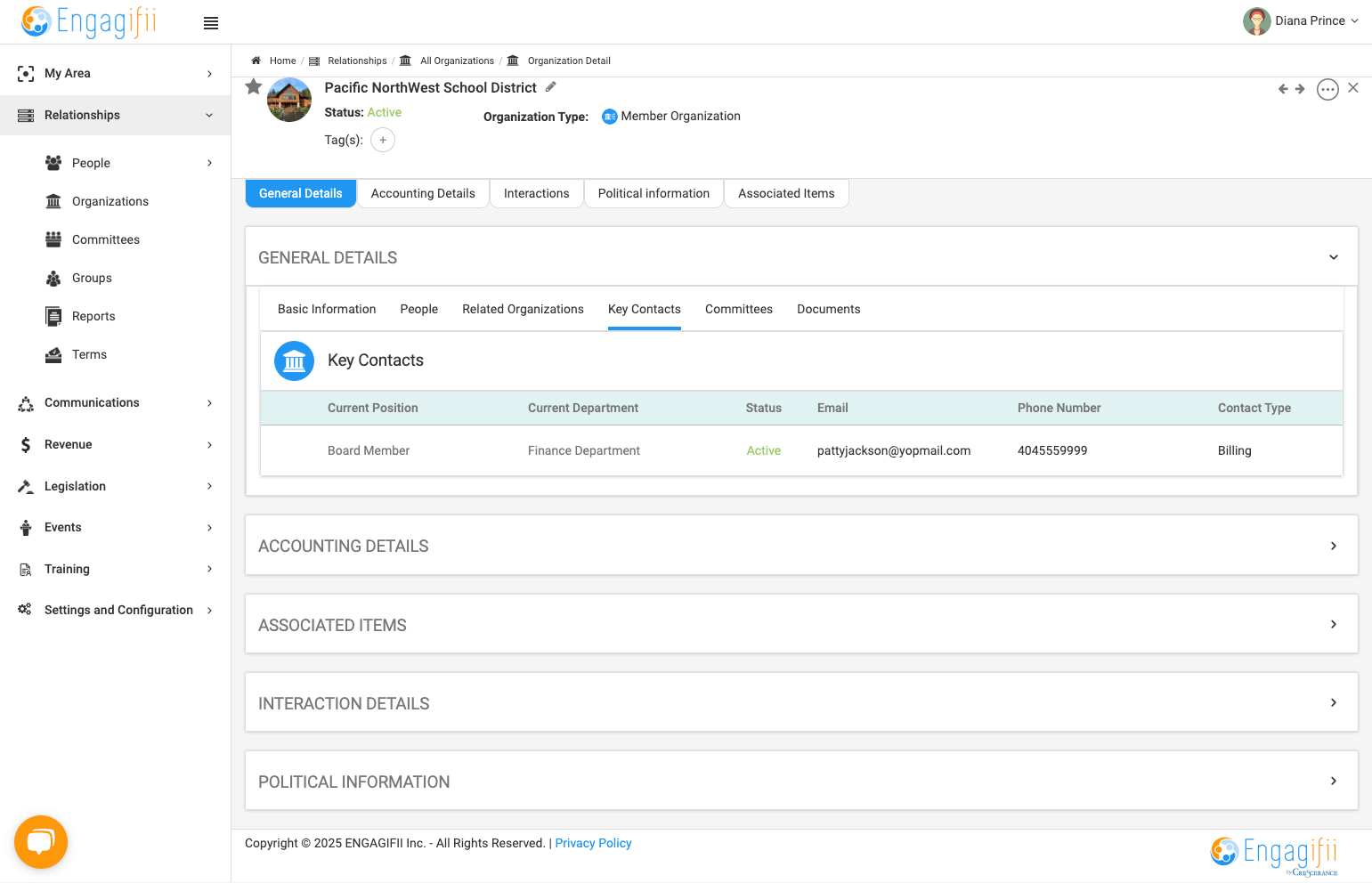 And you will see the individual listed as a key contact and you can scroll over to see the contact type.
