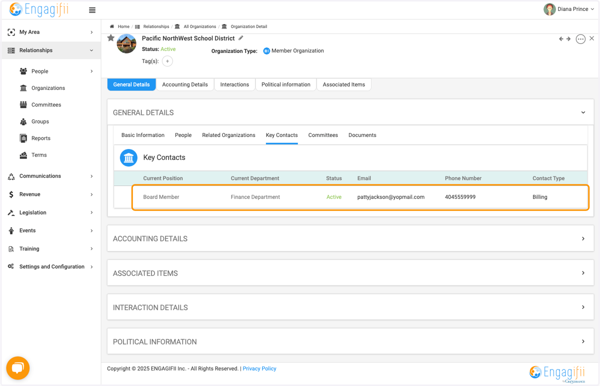 And you will see the individual listed as a key contact and you can scroll over to see the contact type.