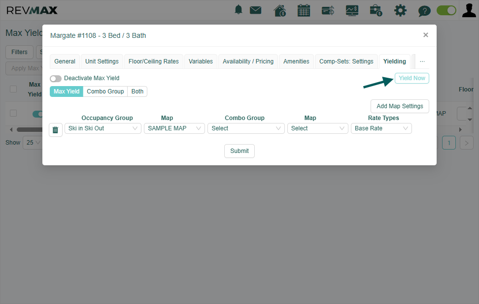 To apply Yielding directly, navigate to the unit level where the yielding map is active and click on "Yield Now" button that can be found inside the Yielding Tab.