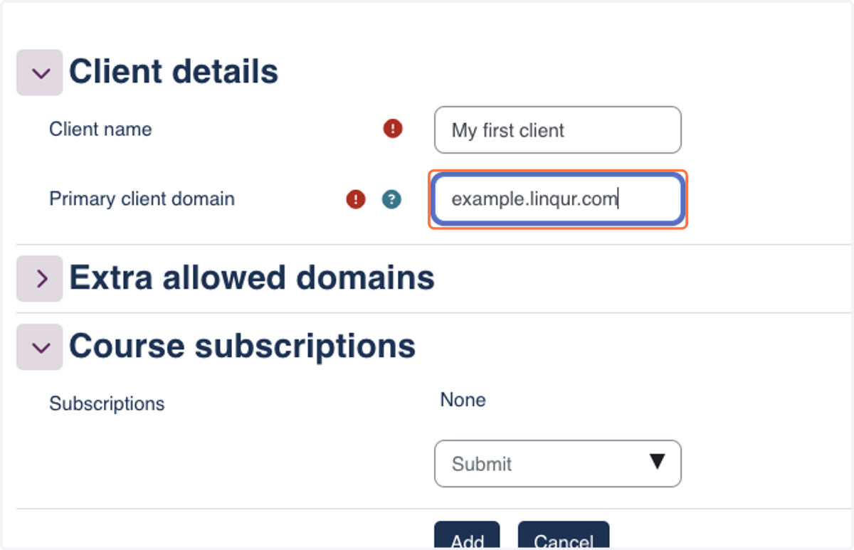 Enter the clients primary domain. This is the domain the client will use to host your SCORM wrapper. This is likely to be the client LMS URL