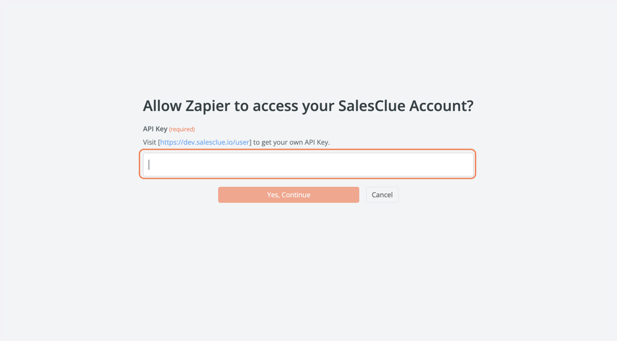 Zapier에서 연동할 앱으로 SalesClue를 선택하면, API Key를 발급받는 창이 나옵니다.