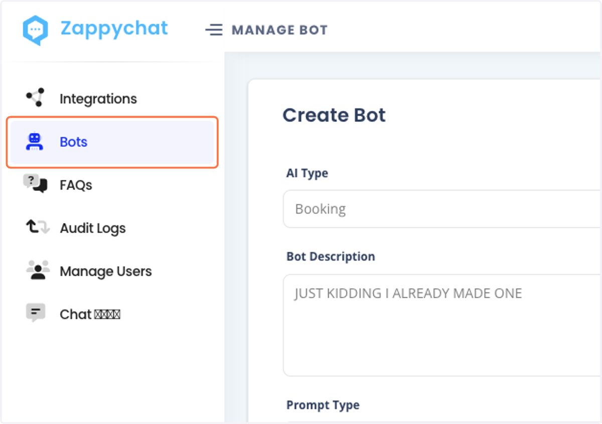 For the prompt, we just going to copy and paste (take off whats not needed) from the other booking bots. Click "Bots"