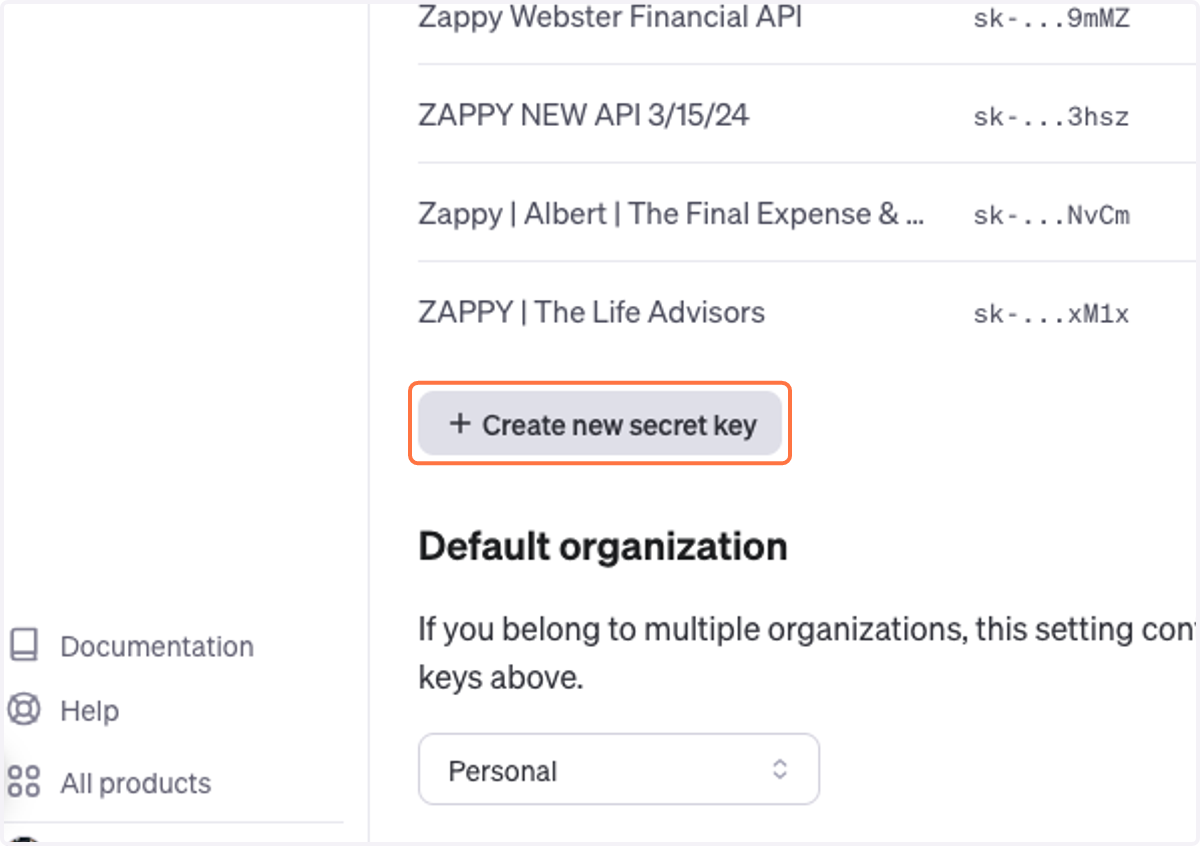 Click on Create new secret key