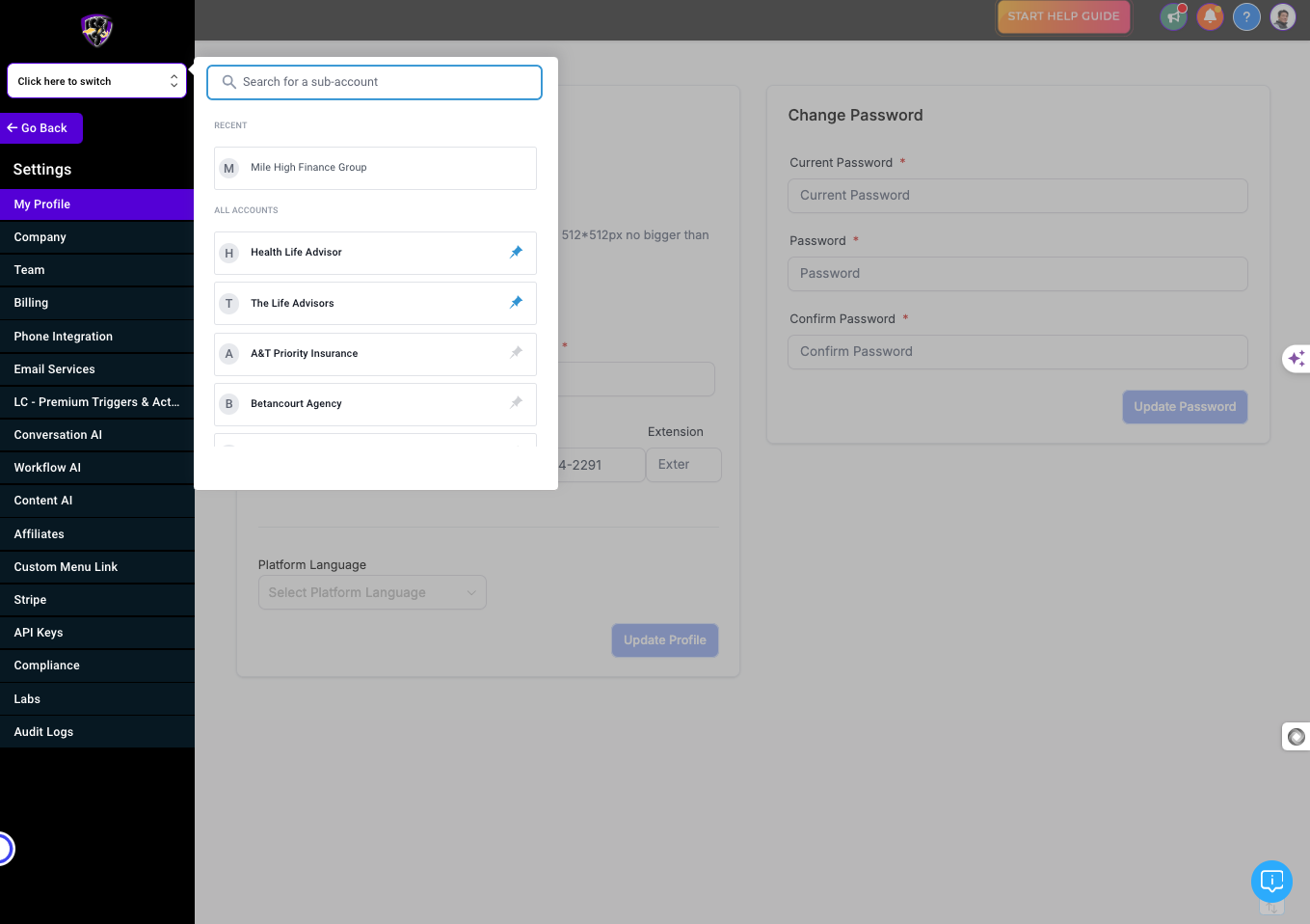 Choose the sub-account from dropdown