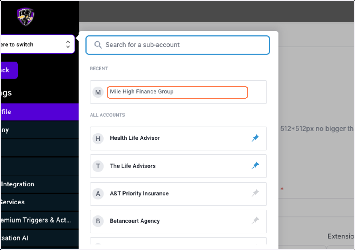 Choose the sub-account from dropdown